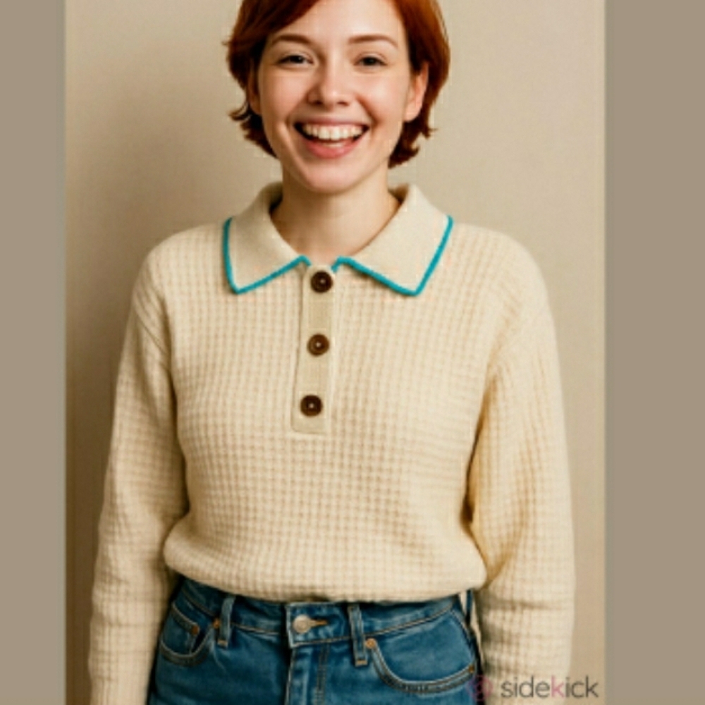 BDG Cream Waffle Knit Sweater with Blue Collar Detail Size Large